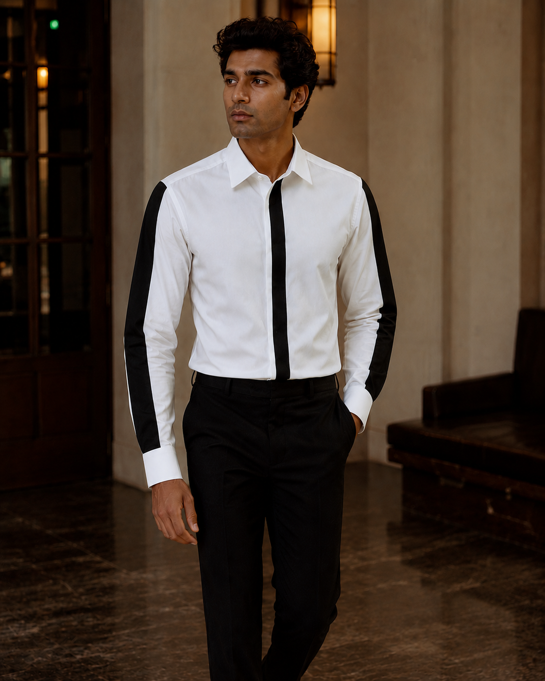 Men's White Giza Cotton Contrast Panel Shirt