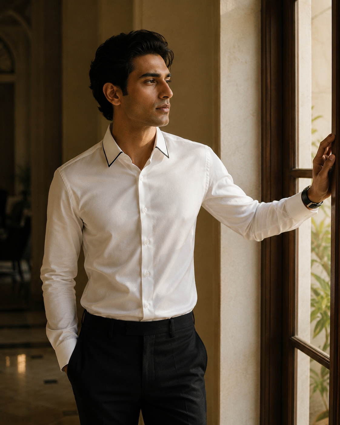 Men's White Giza Cotton Contrast Piped Shirt