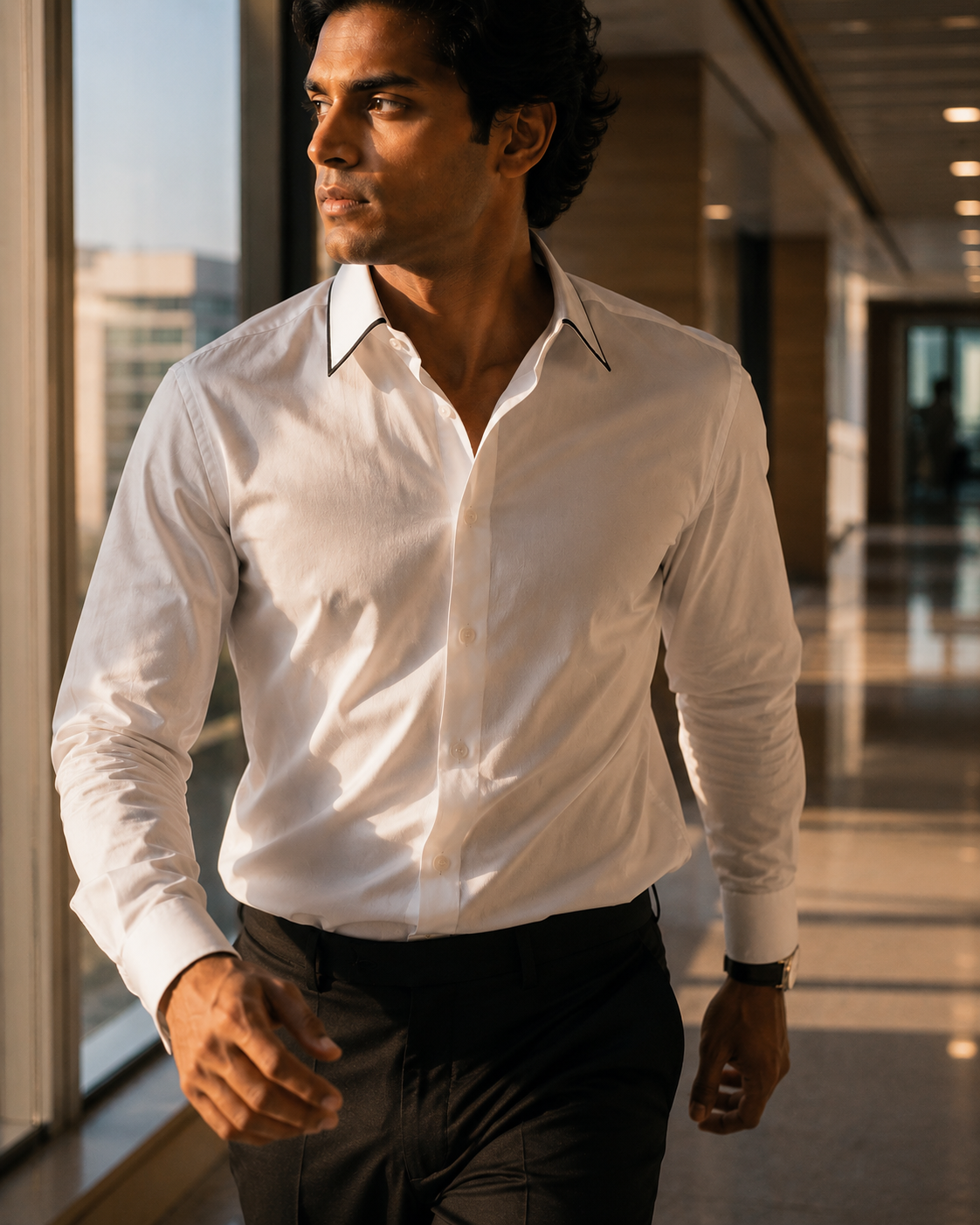 Men's White Giza Cotton Contrast Piped Shirt