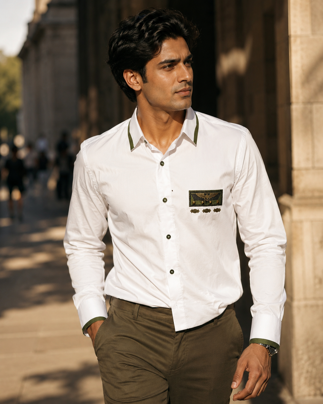 Men's White Giza Cotton Military Accent Shirt