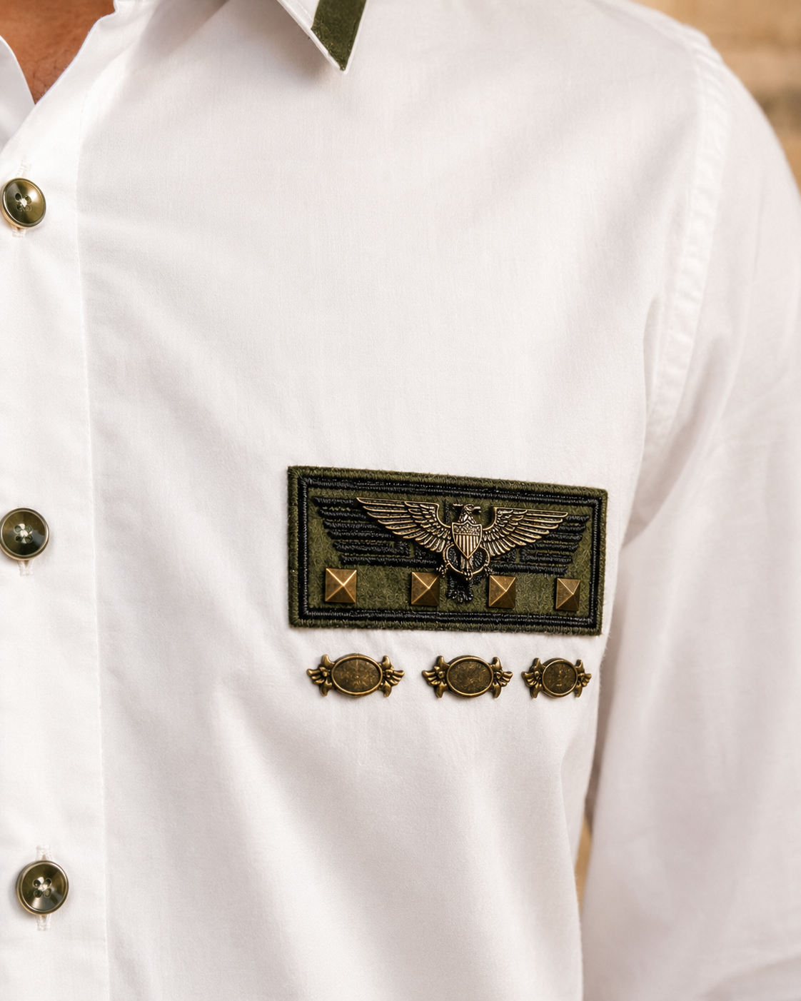 Men's White Giza Cotton Military Accent Shirt