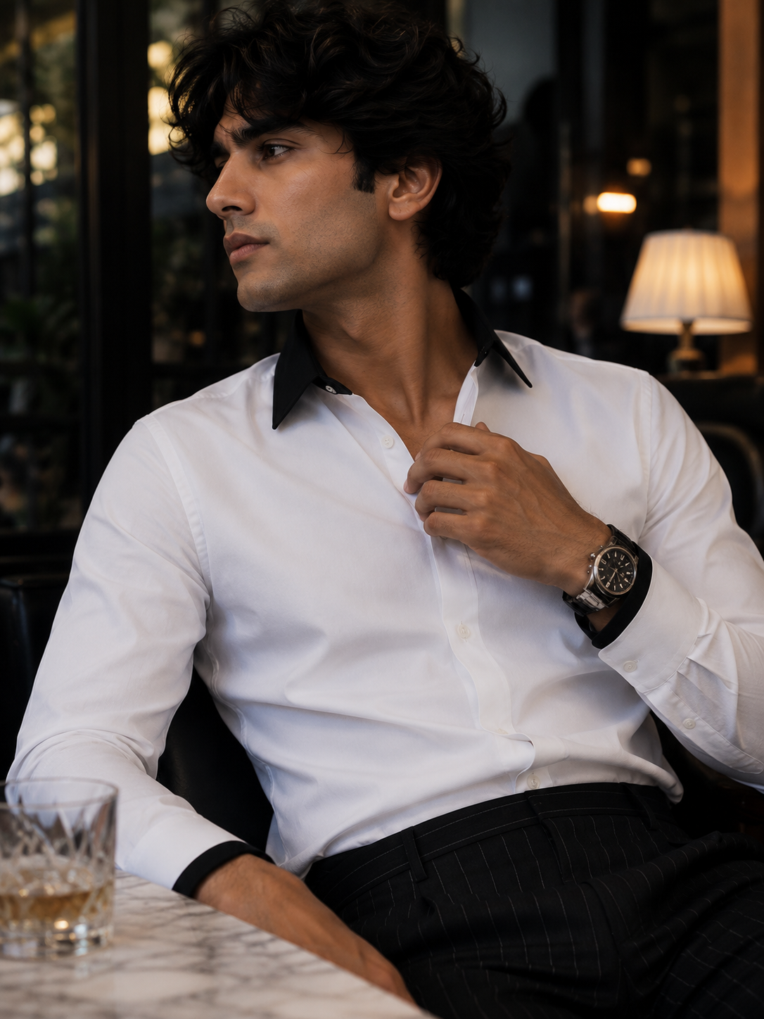 Men's White Giza Cotton Contrast Collar Shirt