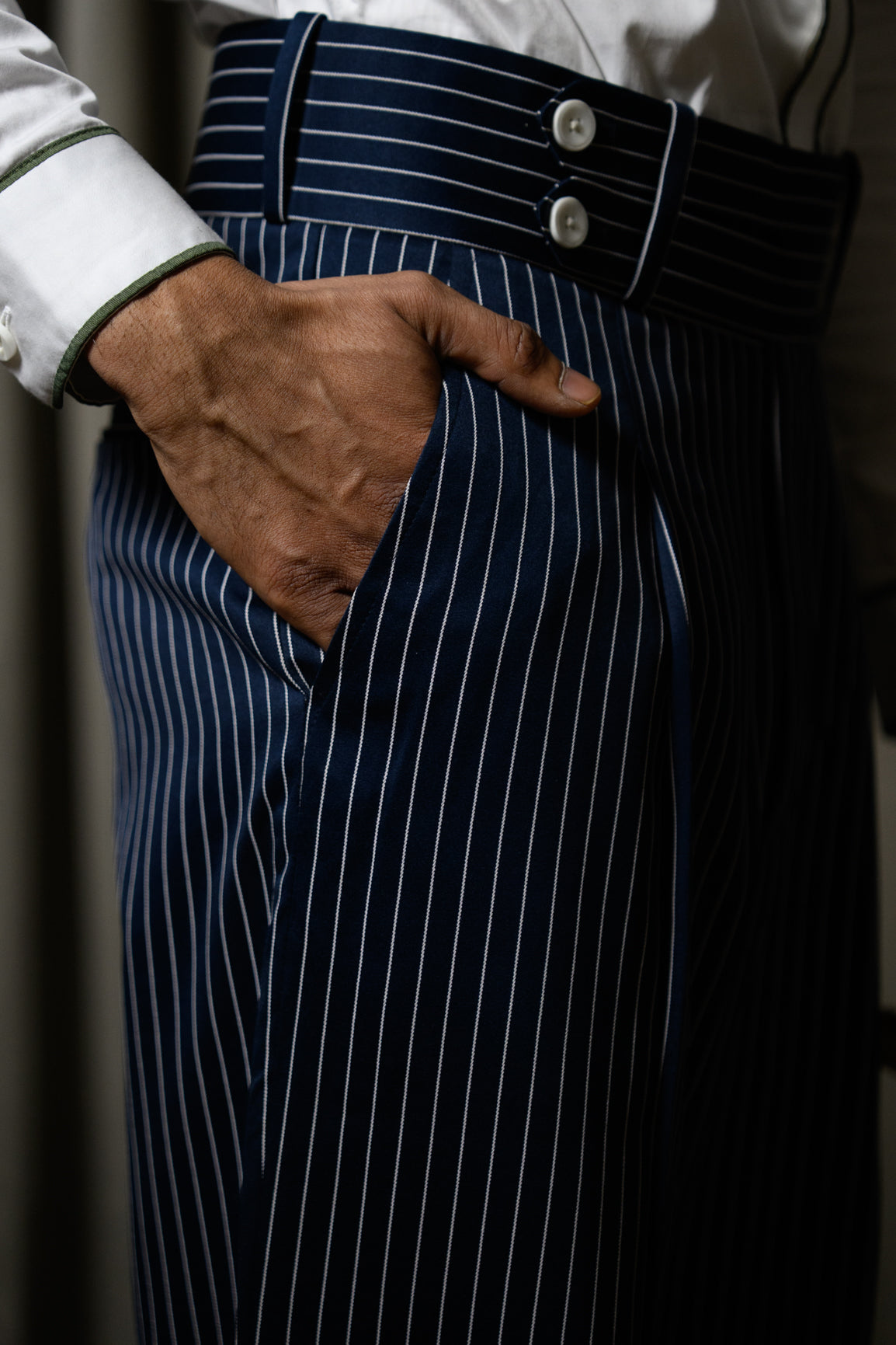 High Waist Navy Pinstripe Trouser