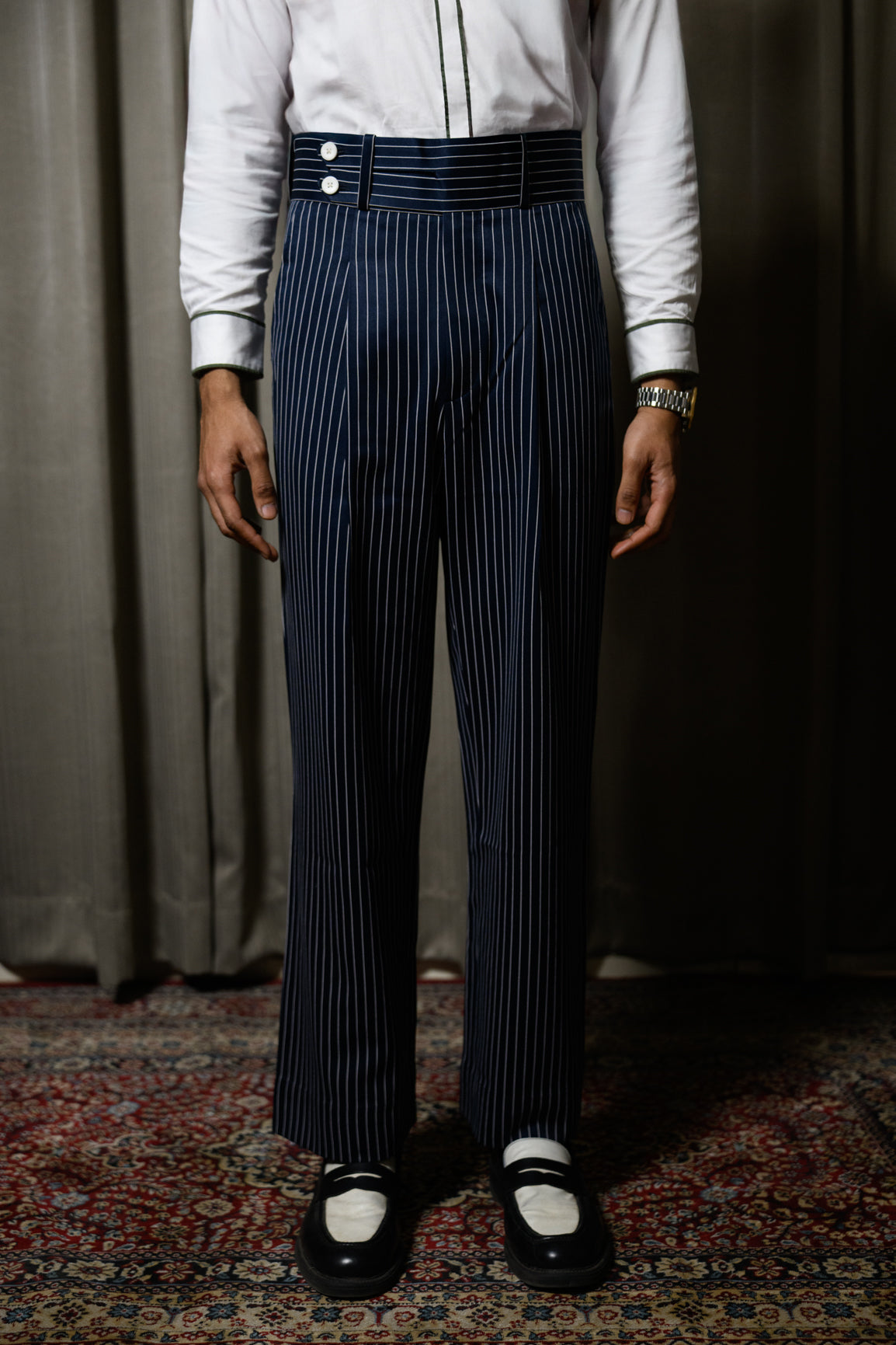 High Waist Navy Pinstripe Trouser