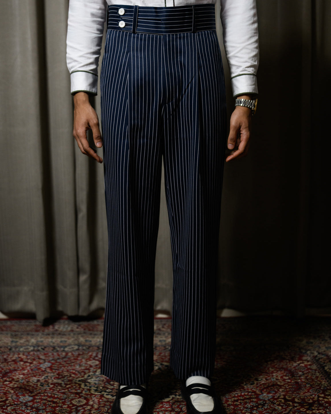 High Waist Navy Pinstripe Trouser