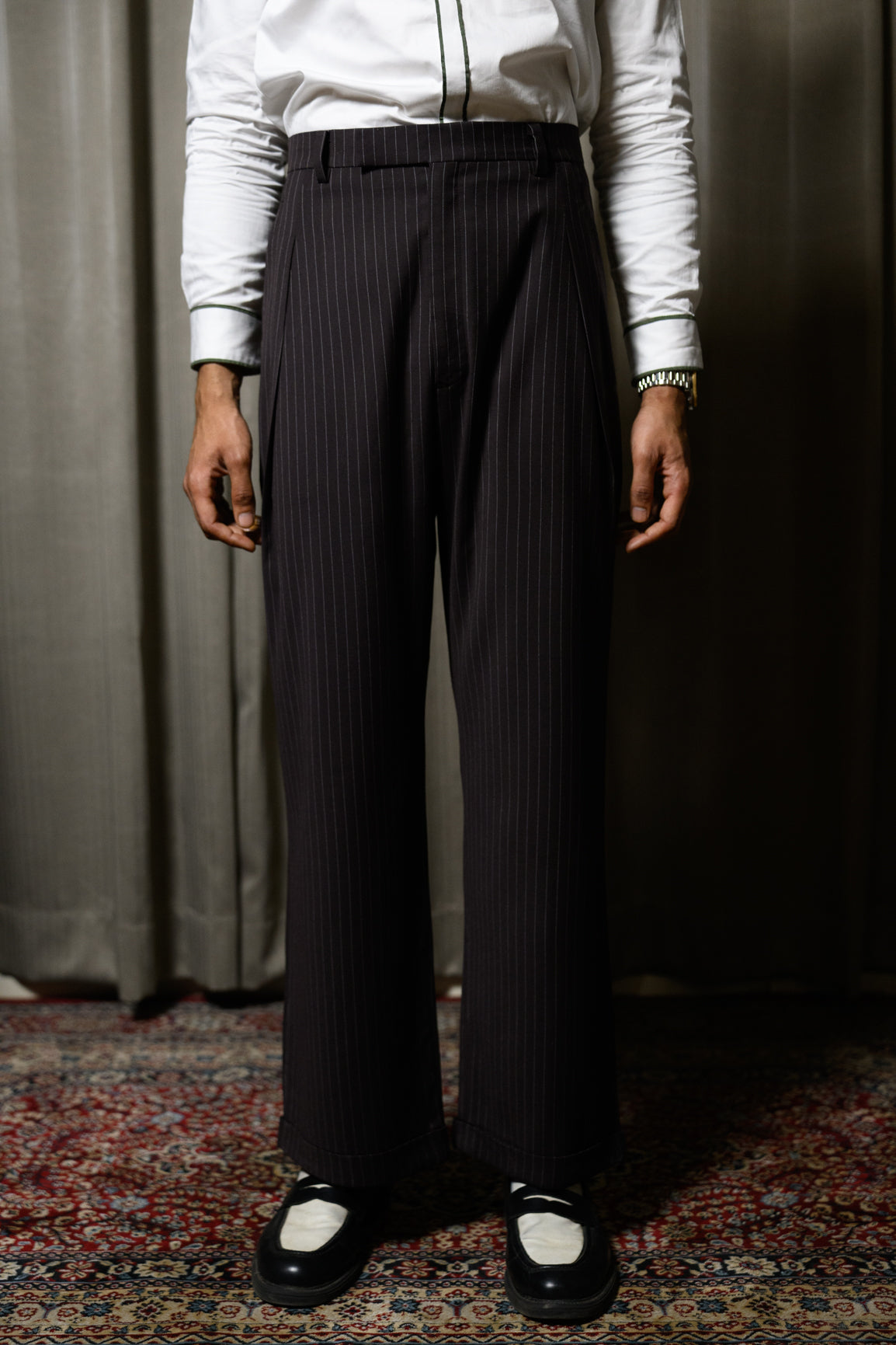 Wine-Brown Pinstripe Pleated Pants