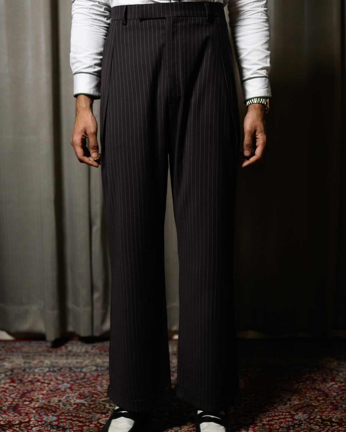 Wine-Brown Pinstripe Pleated Pants