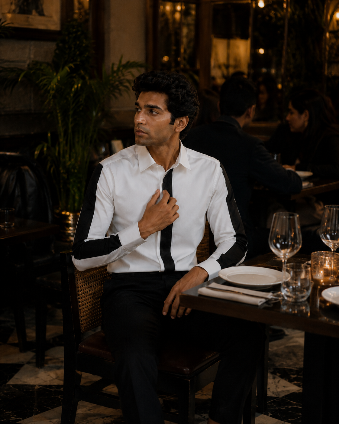 Men's White Giza Cotton Contrast Panel Shirt