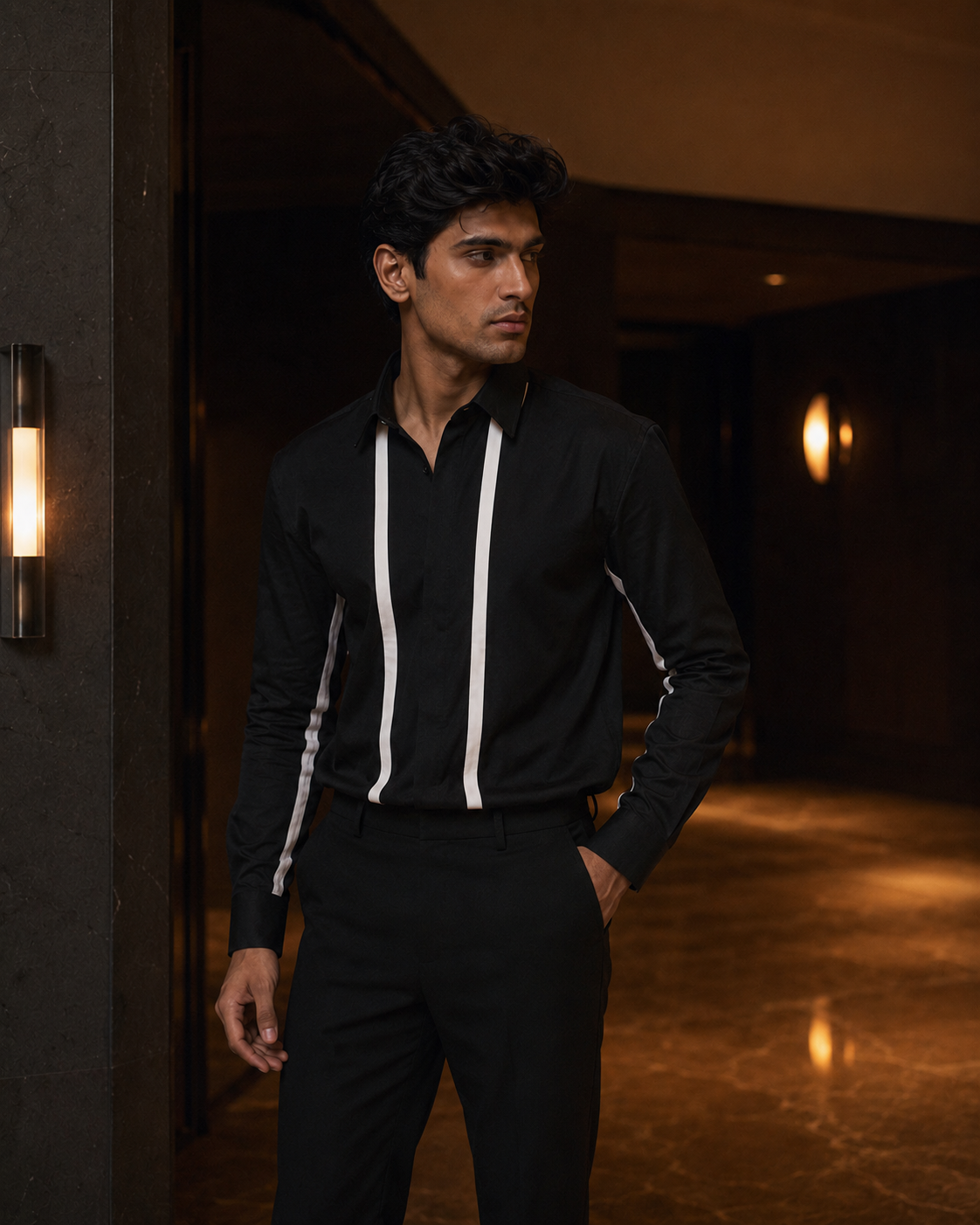 Men's Black Giza Cotton Contrast Panel Shirt