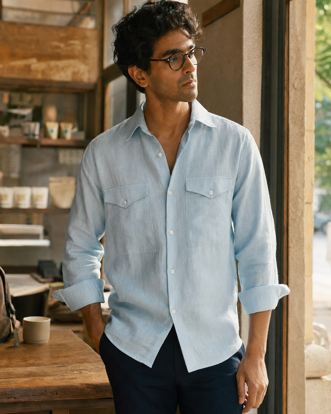 Men's Sky Blue 60's Lea Linen Utility Shirt