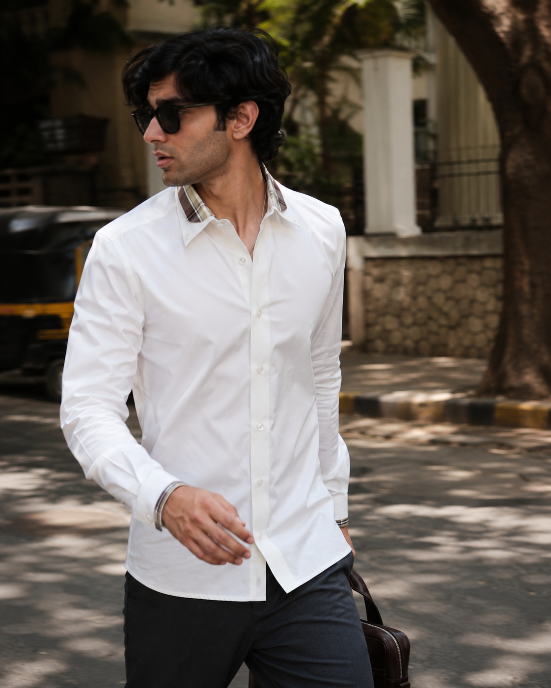 Men's White Giza Cotton Check Collar Shirt
