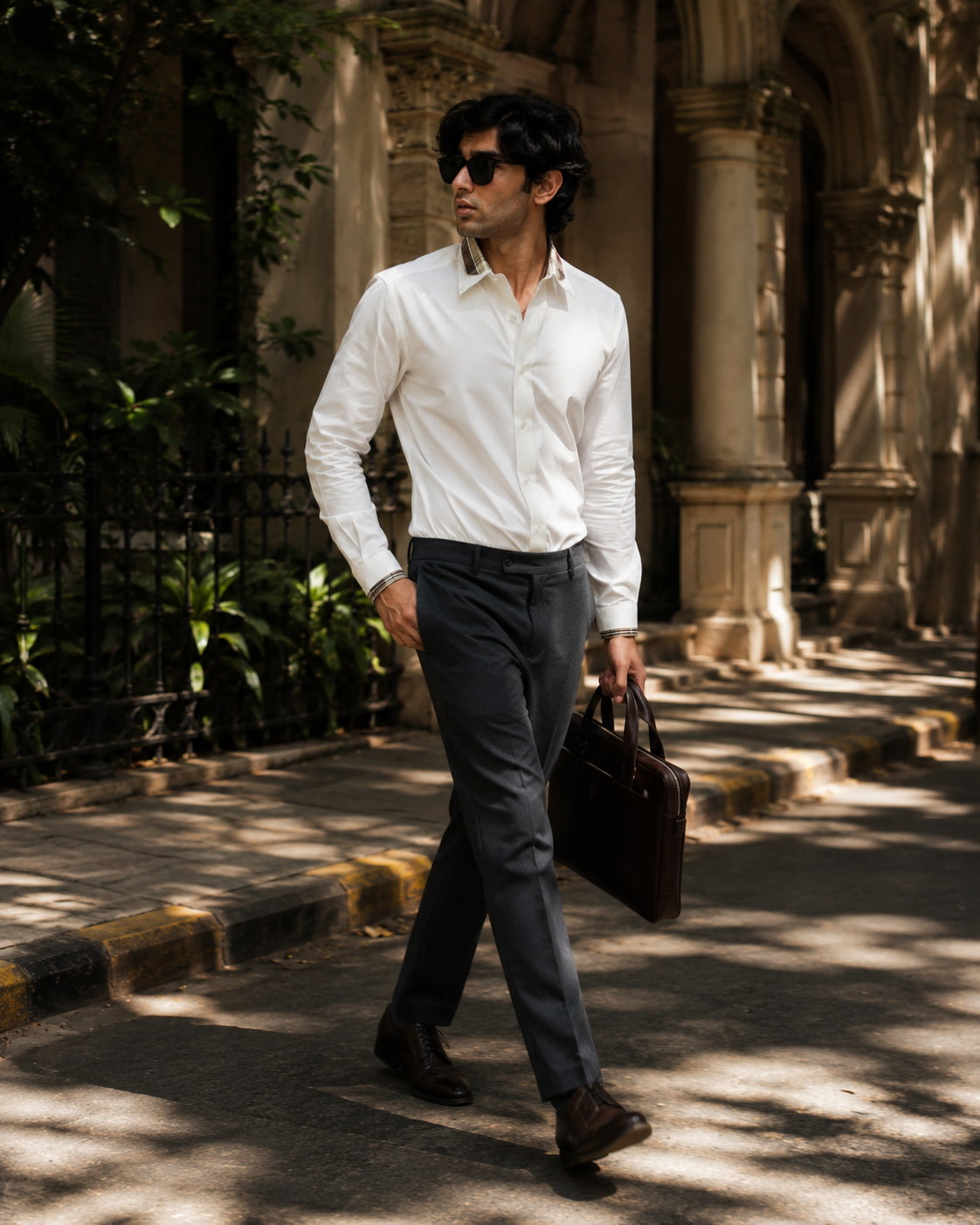 Men's White Giza Cotton Check Collar Shirt