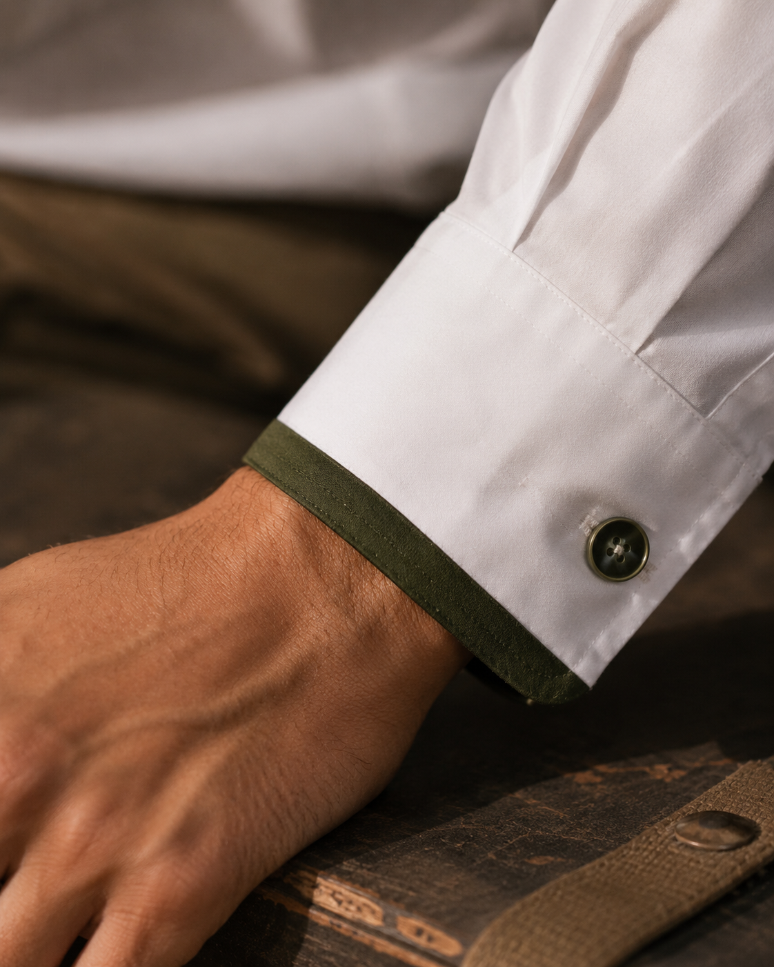 Men's White Giza Cotton Military Accent Shirt