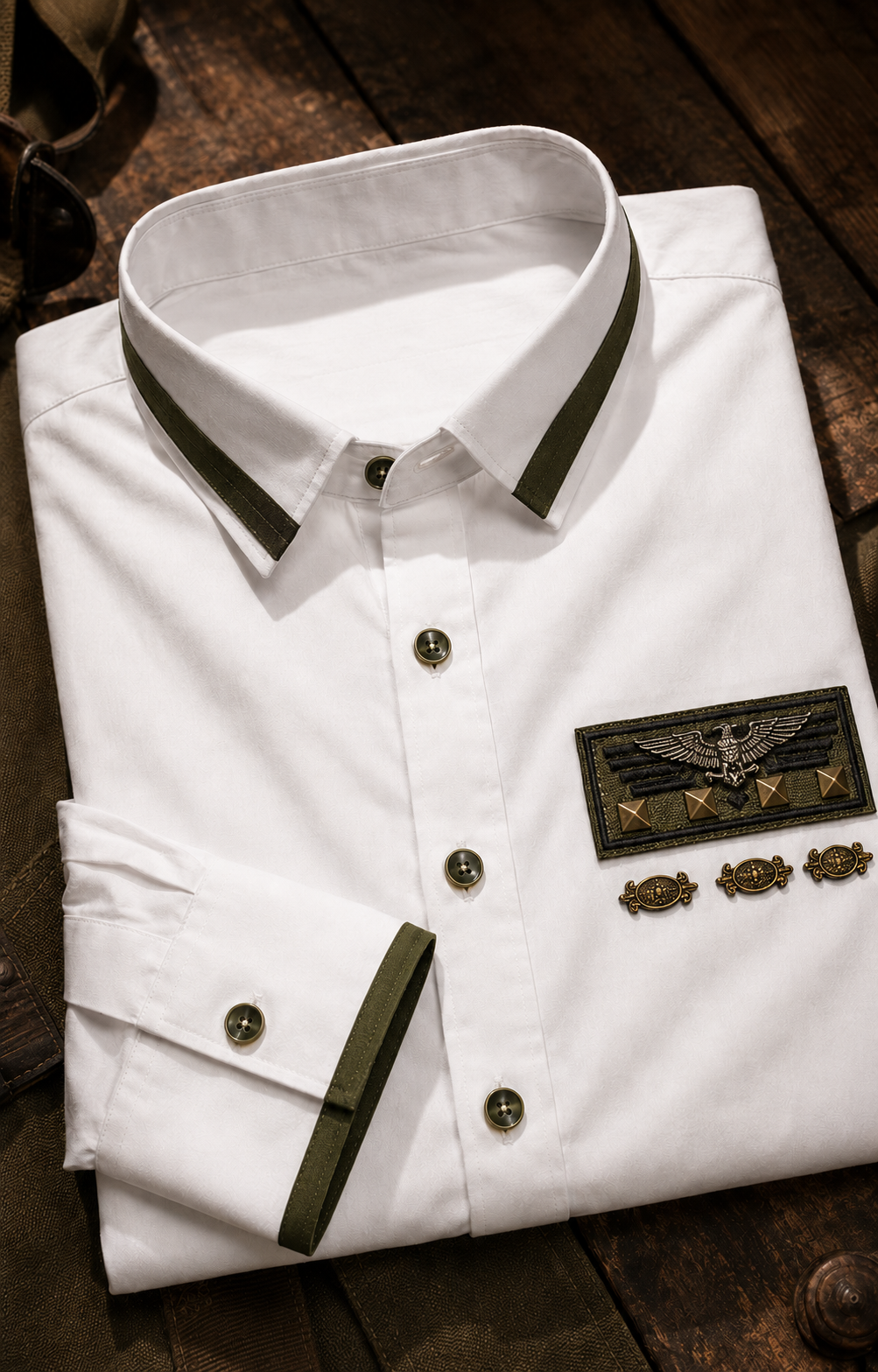 Men's White Giza Cotton Military Accent Shirt