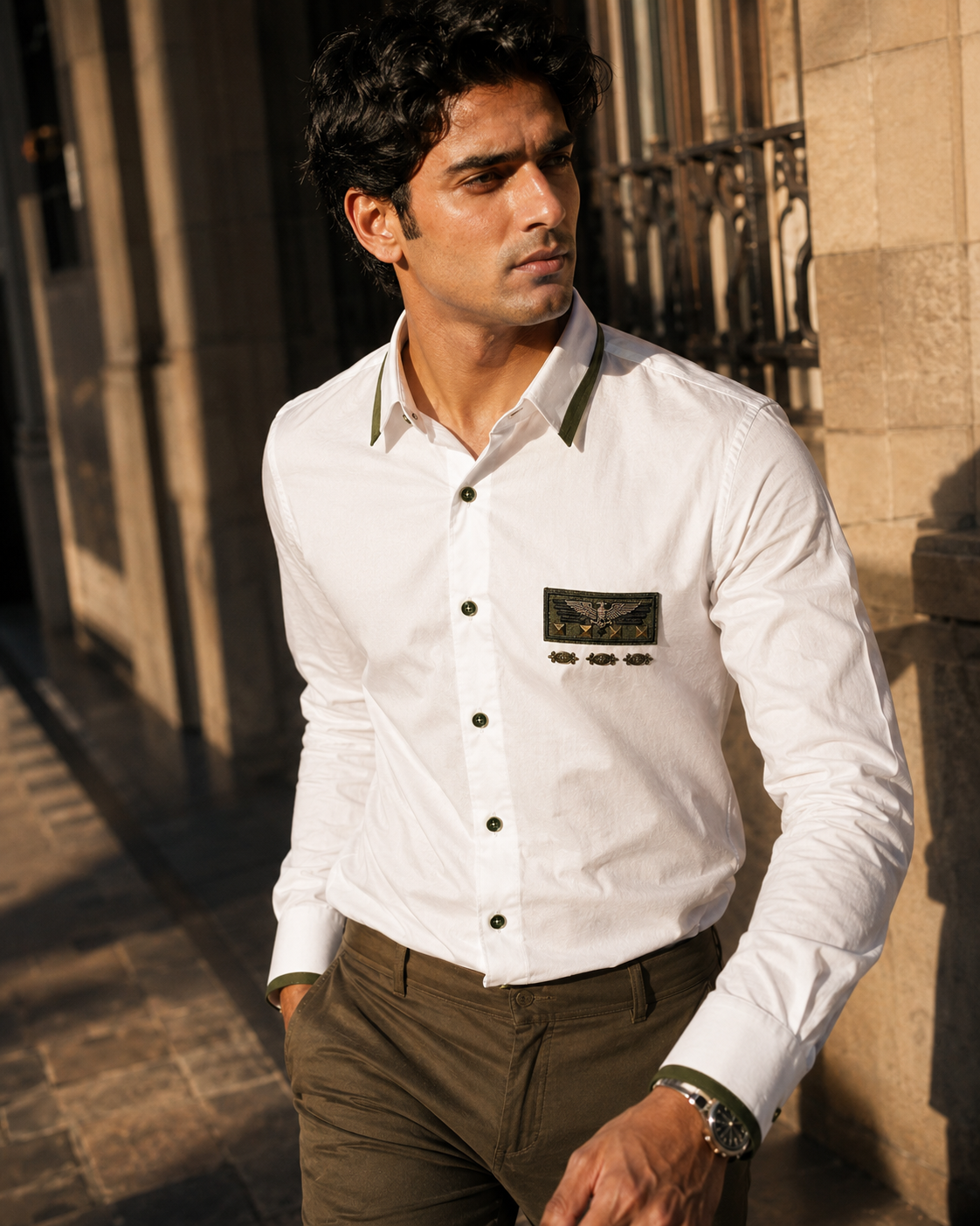 Men's White Giza Cotton Military Accent Shirt