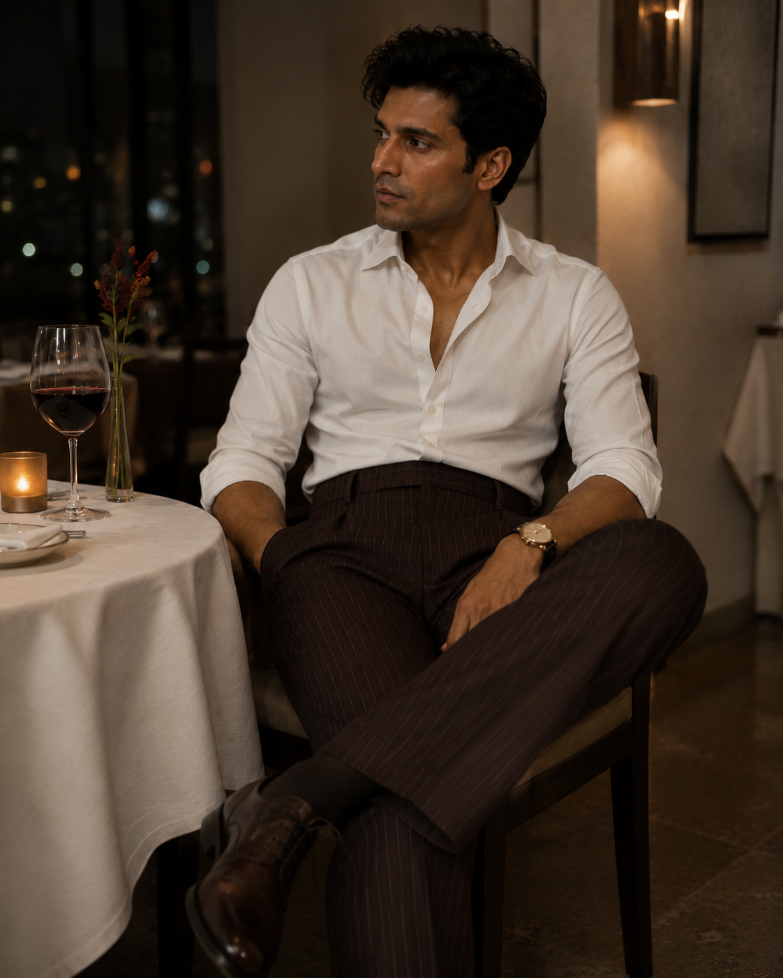 Wine-Brown Pinstripe Pleated Pants