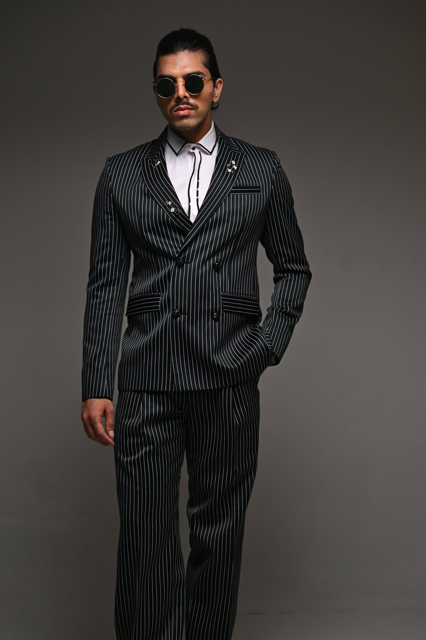 High Waist Black Pinstripe Trousers