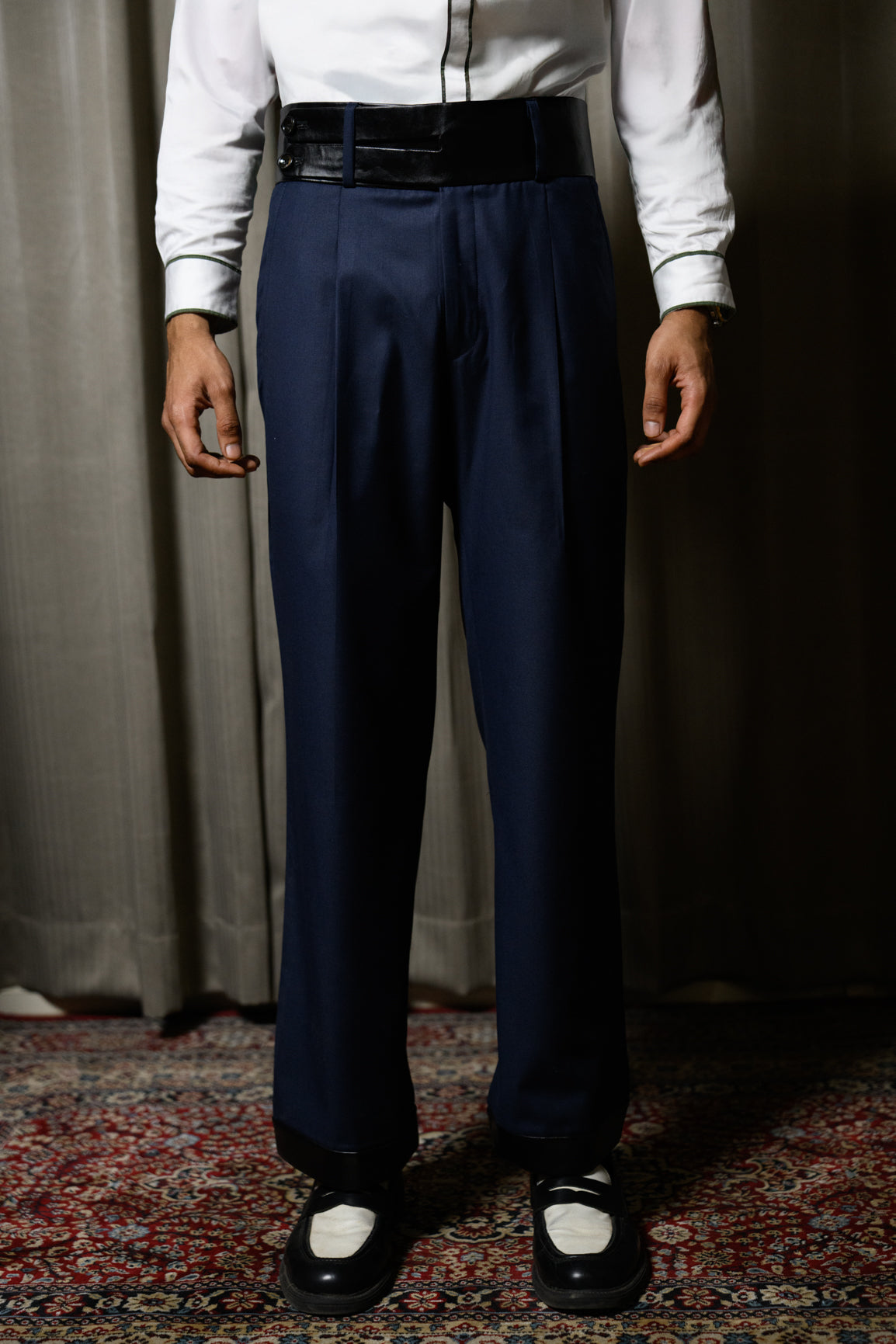 Navy High Waisted-Double Belt Trousers