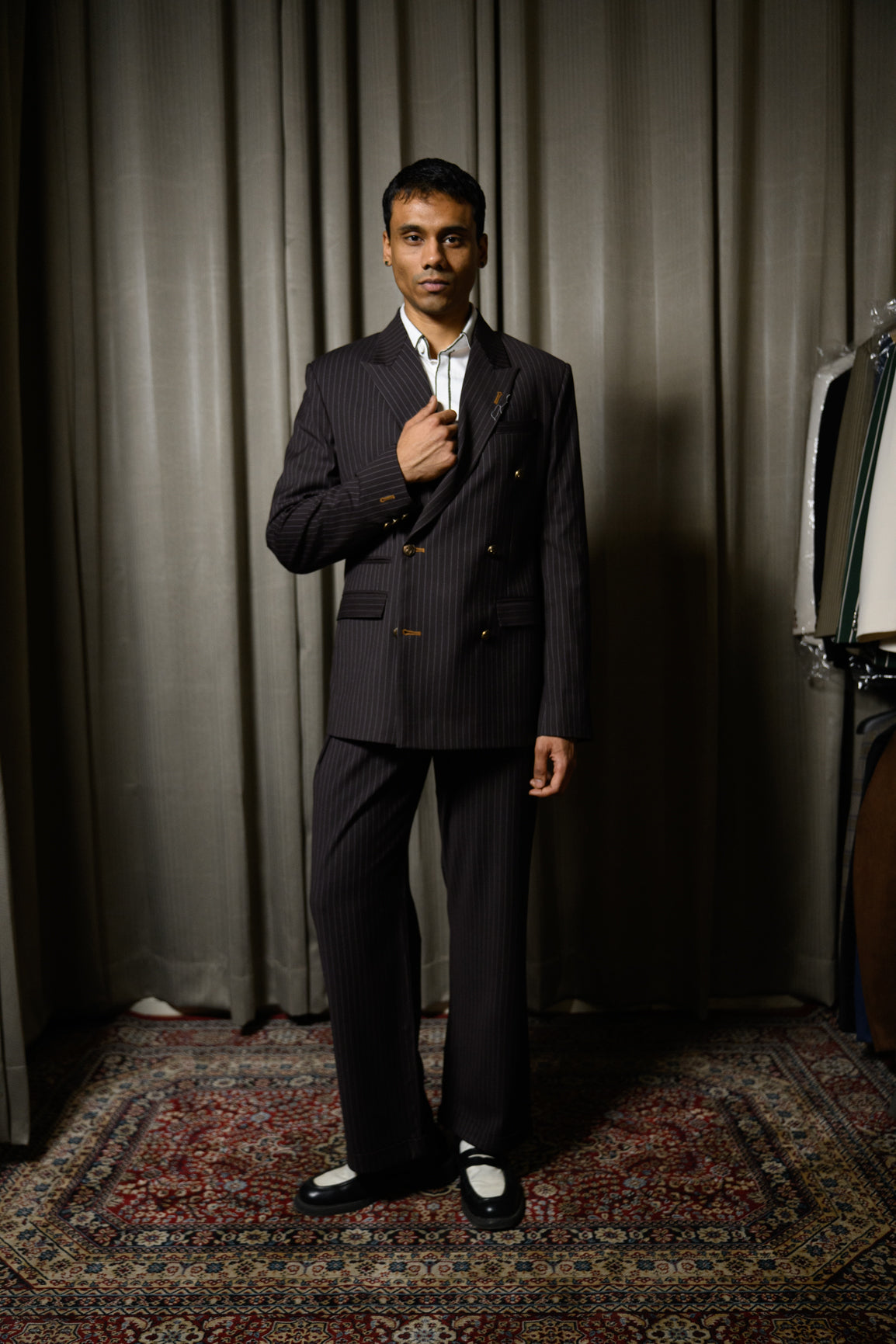 Wine-Brown Pinstripe Pleated Pants