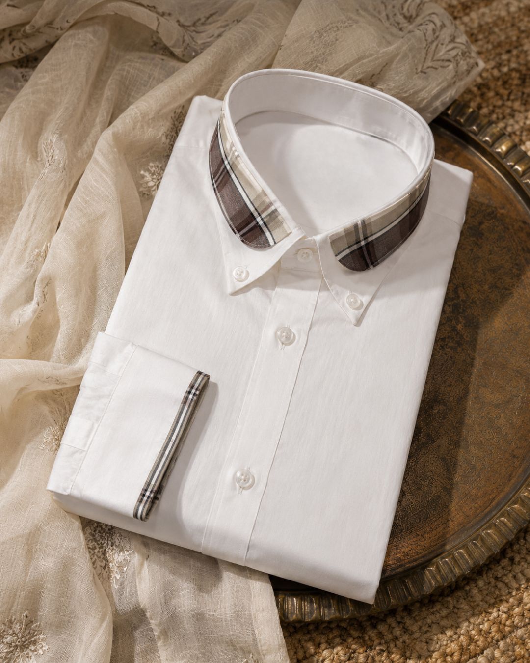 Men's White Giza Cotton Check Collar Shirt